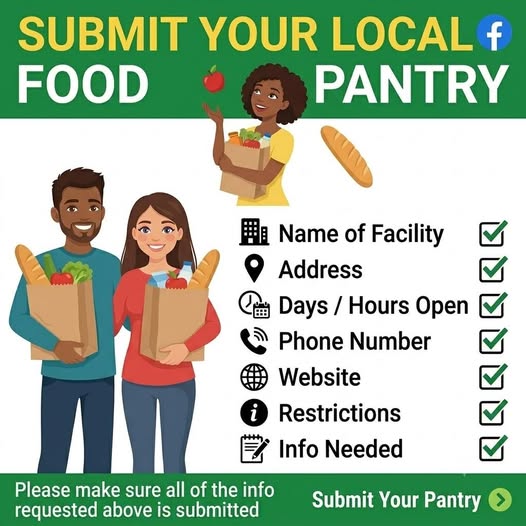 Submit your local food pantry: name of facility, address, days and hours open, phone number, website, restrictions, info needed